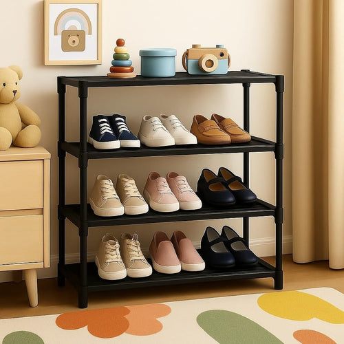 JS Plastic 4 Layer Shoe Rack Black - lifestyle view