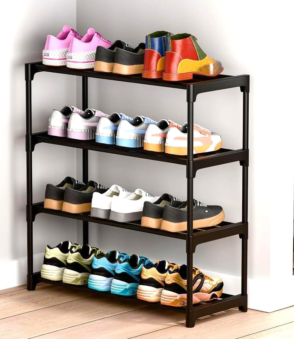 JS Plastic 4 Layer Shoe Rack Black - 4 shelf view