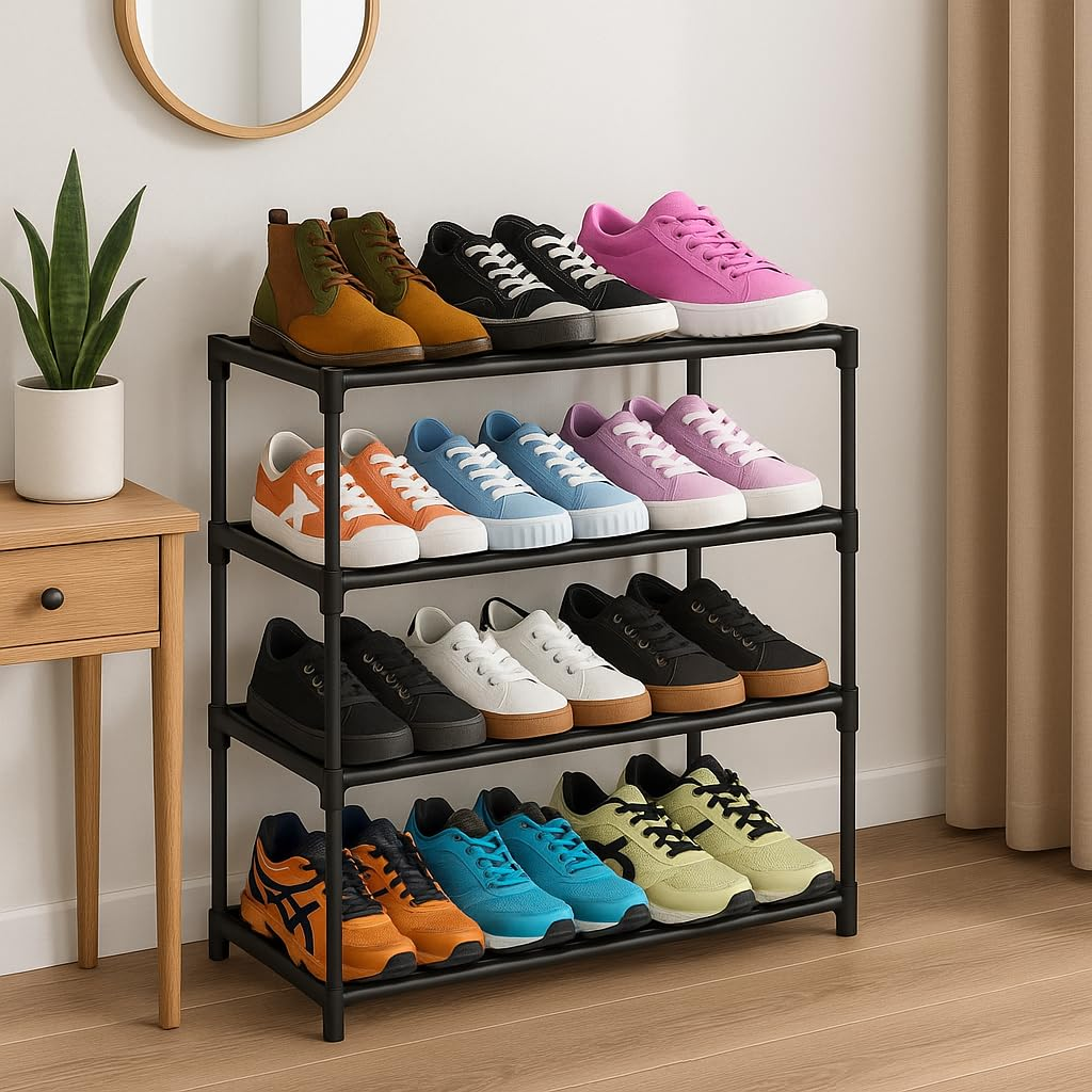 JS Plastic 4 Layer Shoe Rack Black - product view